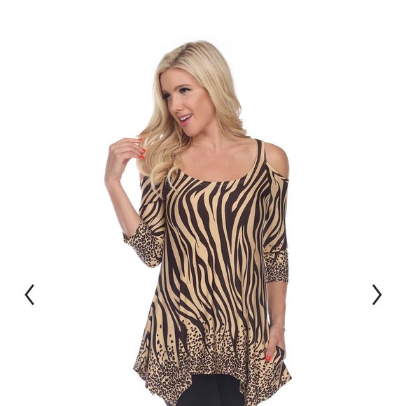 White Mark Tops - Black & Gold Animal Print Cold Tunic Top